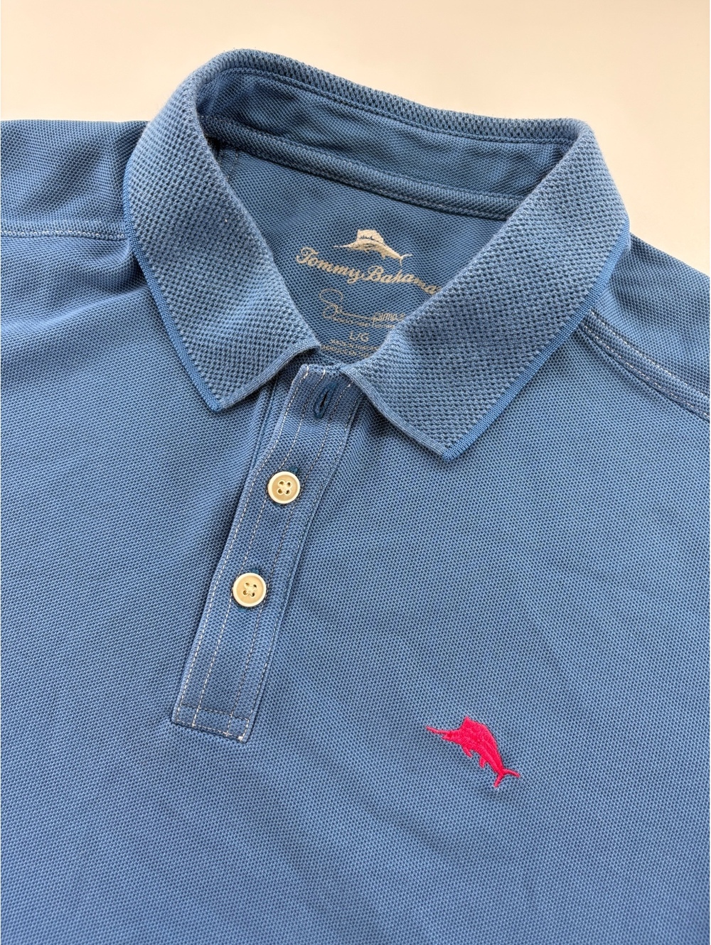 Tommy Bahama Pima Cotton Polo Men's L Steel Blue Marlin Red